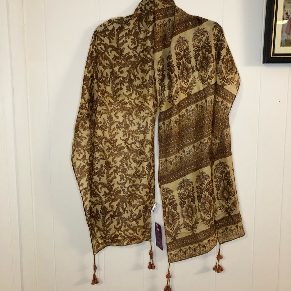 Sevya Handmade NWT Silk Paisley & Floral Brown Shawl Scarf with Tassels
